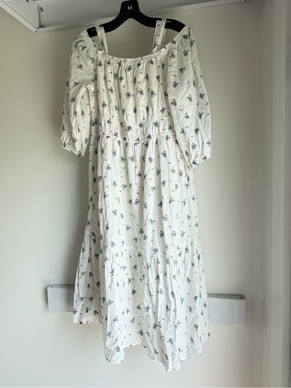 Off-Shoulder White Midi Dress with Subtle Blue Floral Print
